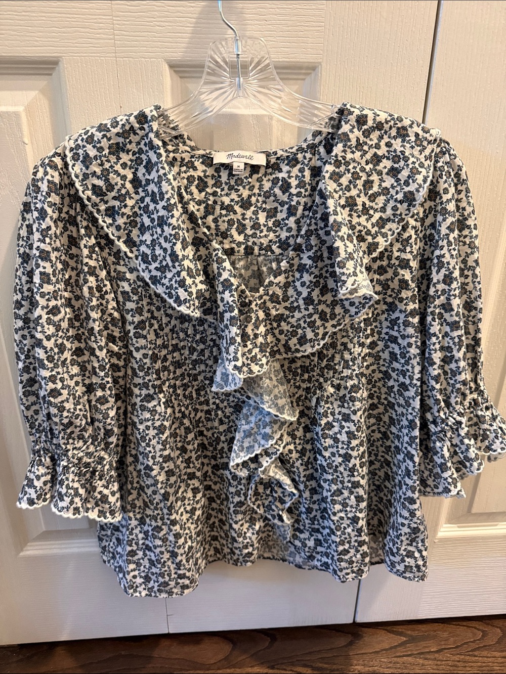 Madewell Navy Floral Ruffle Peasant Blouse